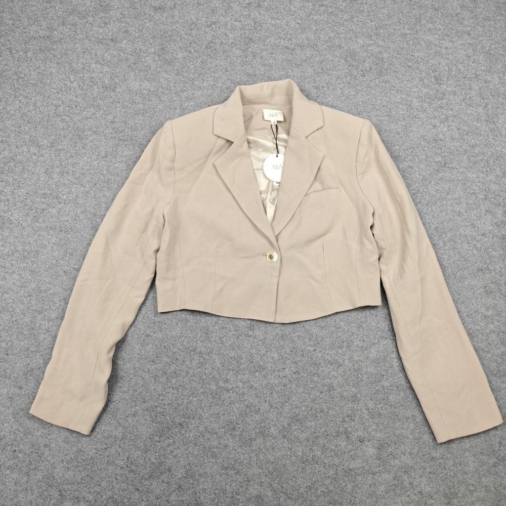 NIA Jacket Womens Small Beige Cropped Blazer Button Front Lined Long Sleeve New